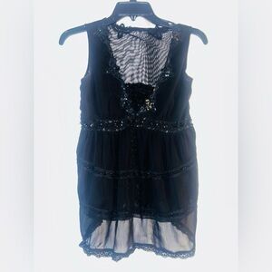 Vintage Y2K Sleeveless Black Lace Sequin Top Tank Small Sheer
